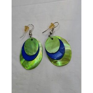 Handmade Layered Green & Blue Shell Earrings - Unique & Funky Design - 2" Drop L